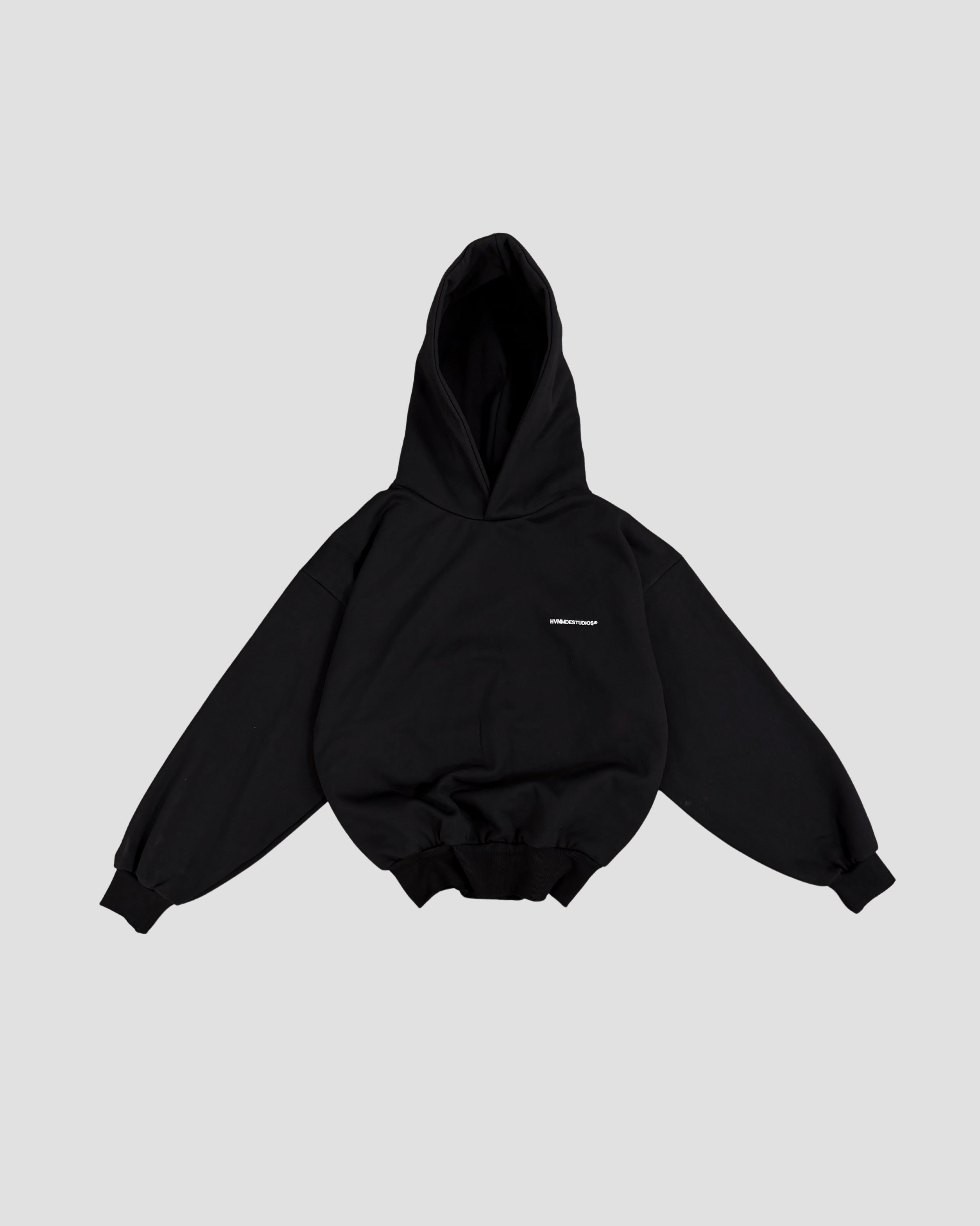 V2 Hoodie Deep Black — volume flatlay